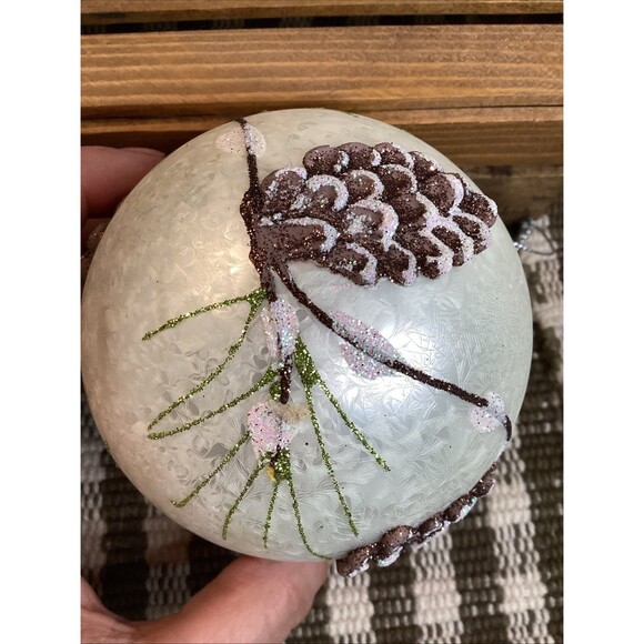 Beautiful White Glittery Christmas Large Glass Ball Ornament With Pine Cones - Picture 6 of 12